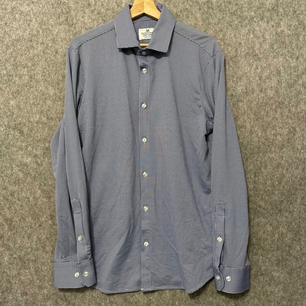 Mizzen+Main Dress Shirt Mens Large Blue Gingham Performance Trim Fit Long Sleeve